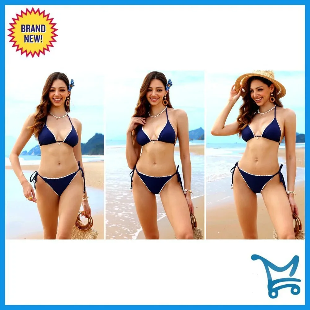 Triangle Bikini Set Sexy Halter Tie Lace Trim Two Piece Swimwear Trendy Beach